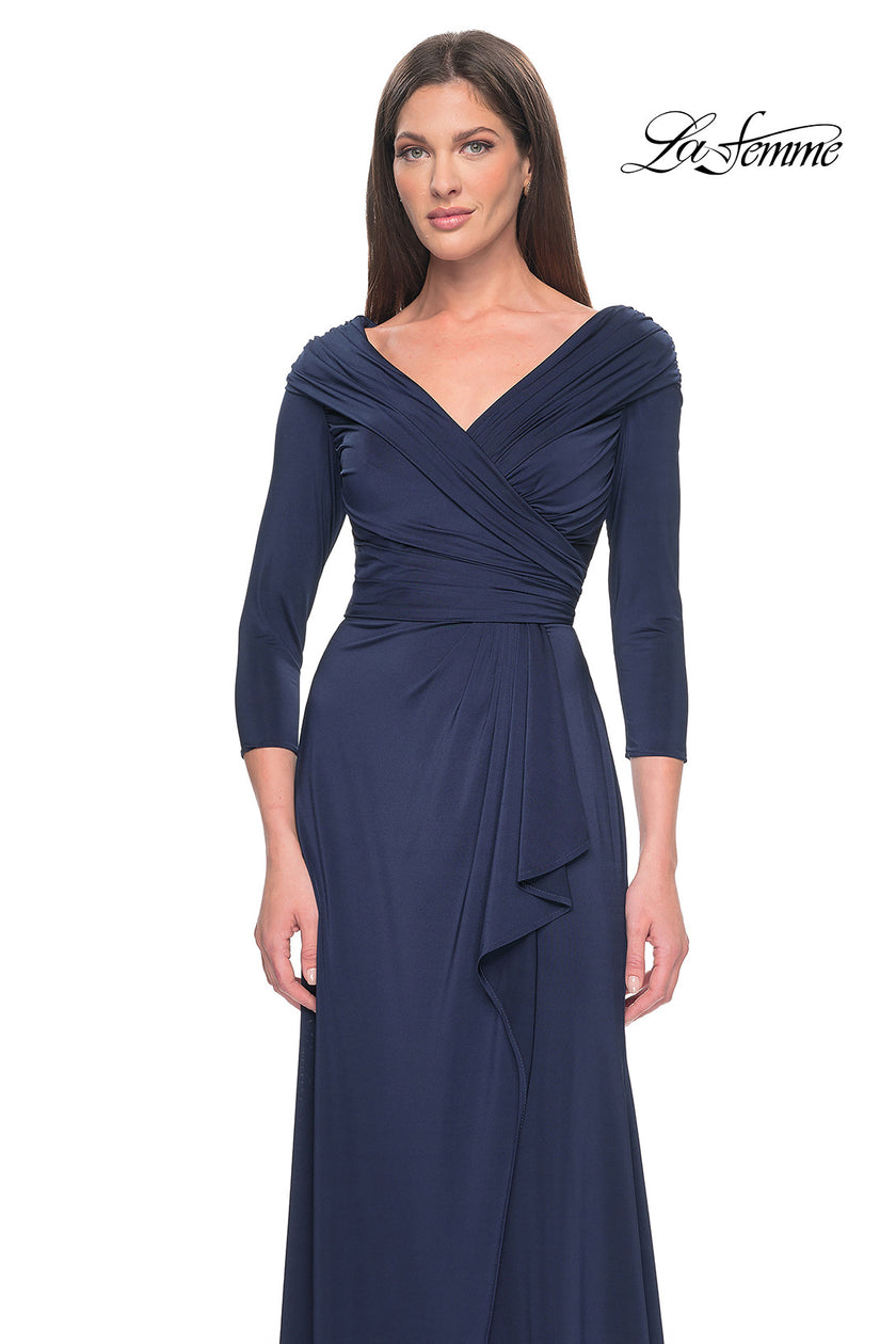Picture of: Ruched Long Dress with Ruffle Skirt Detail and Sleeves in Navy, Style: 30845, Detail Picture 9