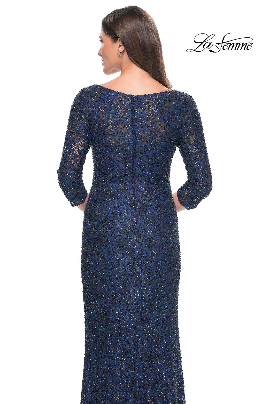 Picture of: Fitted Beaded Lace Evening Gown with Ruching in Navy, Style: 31721, Detail Picture 9