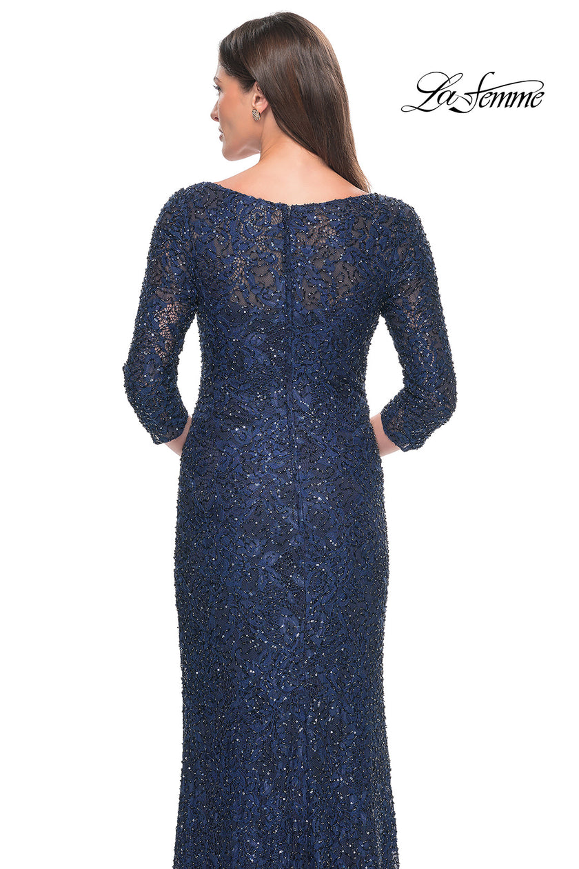 Picture of: Fitted Beaded Lace Evening Gown with Ruching in Navy, Style: 31721, Detail Picture 9