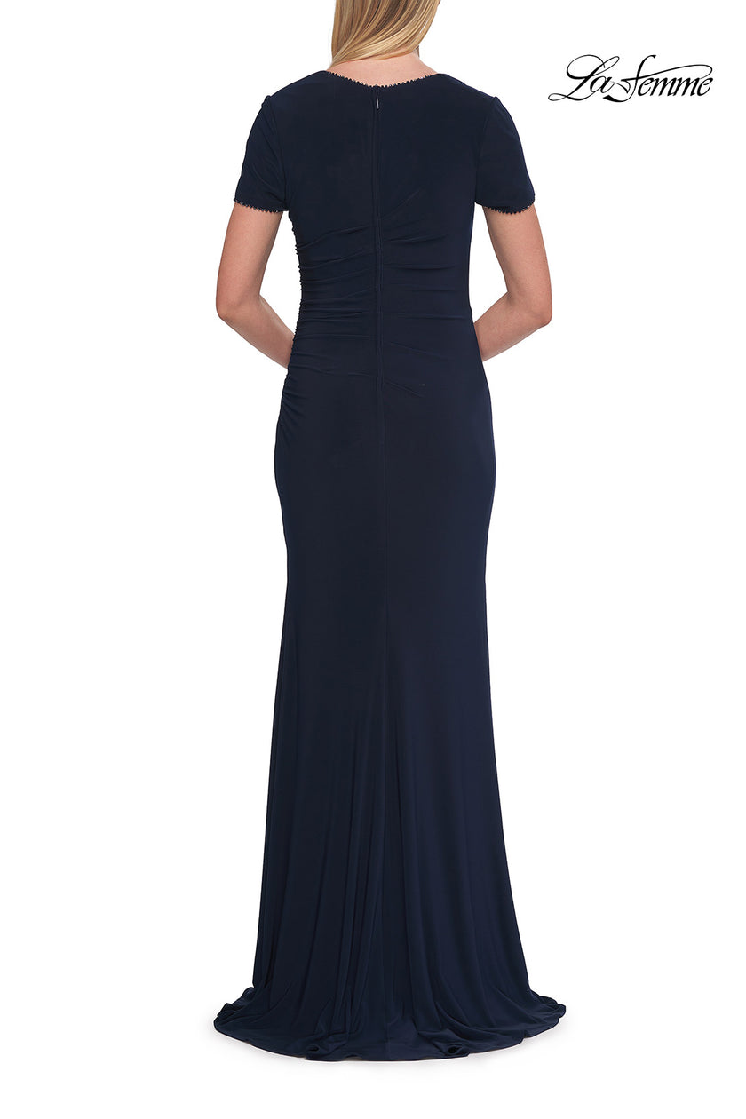 Picture of: Short Sleeve Jersey Gown with Sweetheart Neckline and Ruching in Navy, Style: 33146, Detail Picture 9