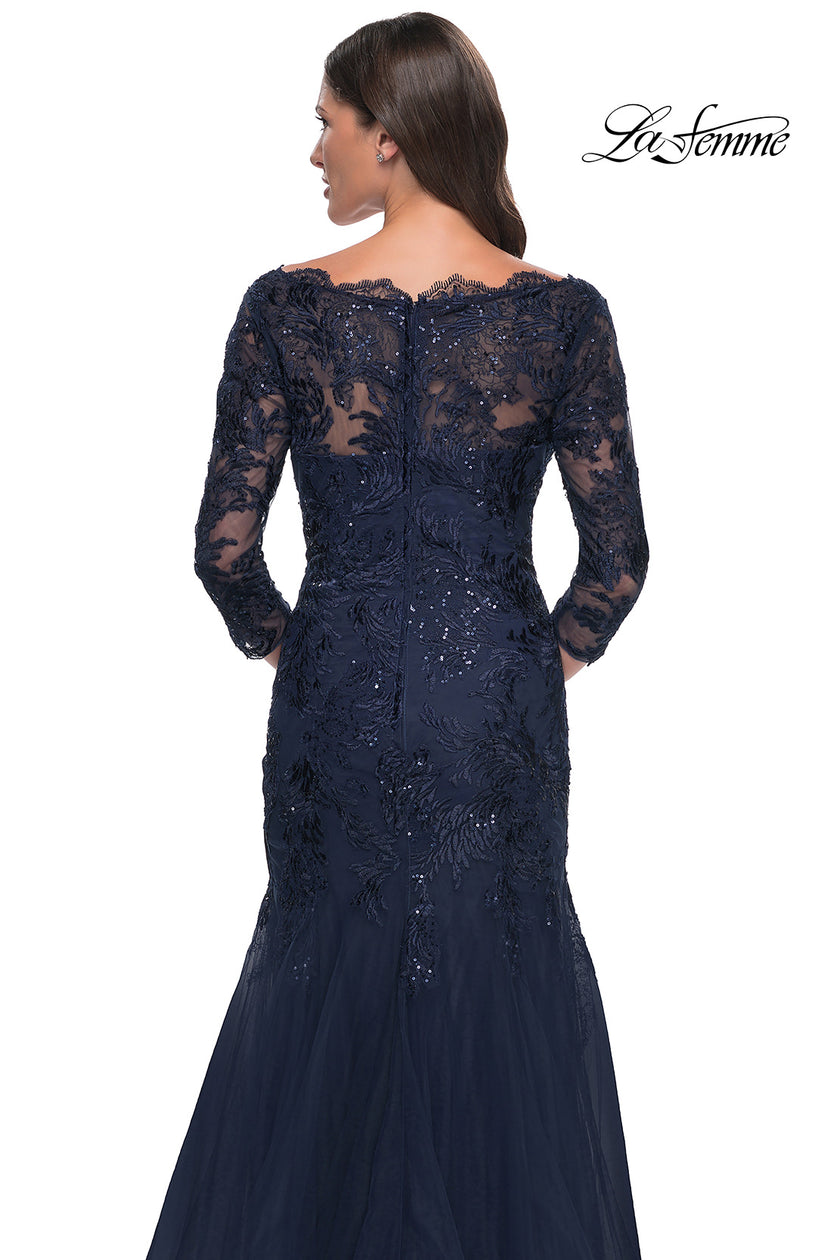 Picture of: Mermaid Tulle and Lace Dress with Scallop Detailed Neckline in Navy, Style: 30823, Detail Picture 10