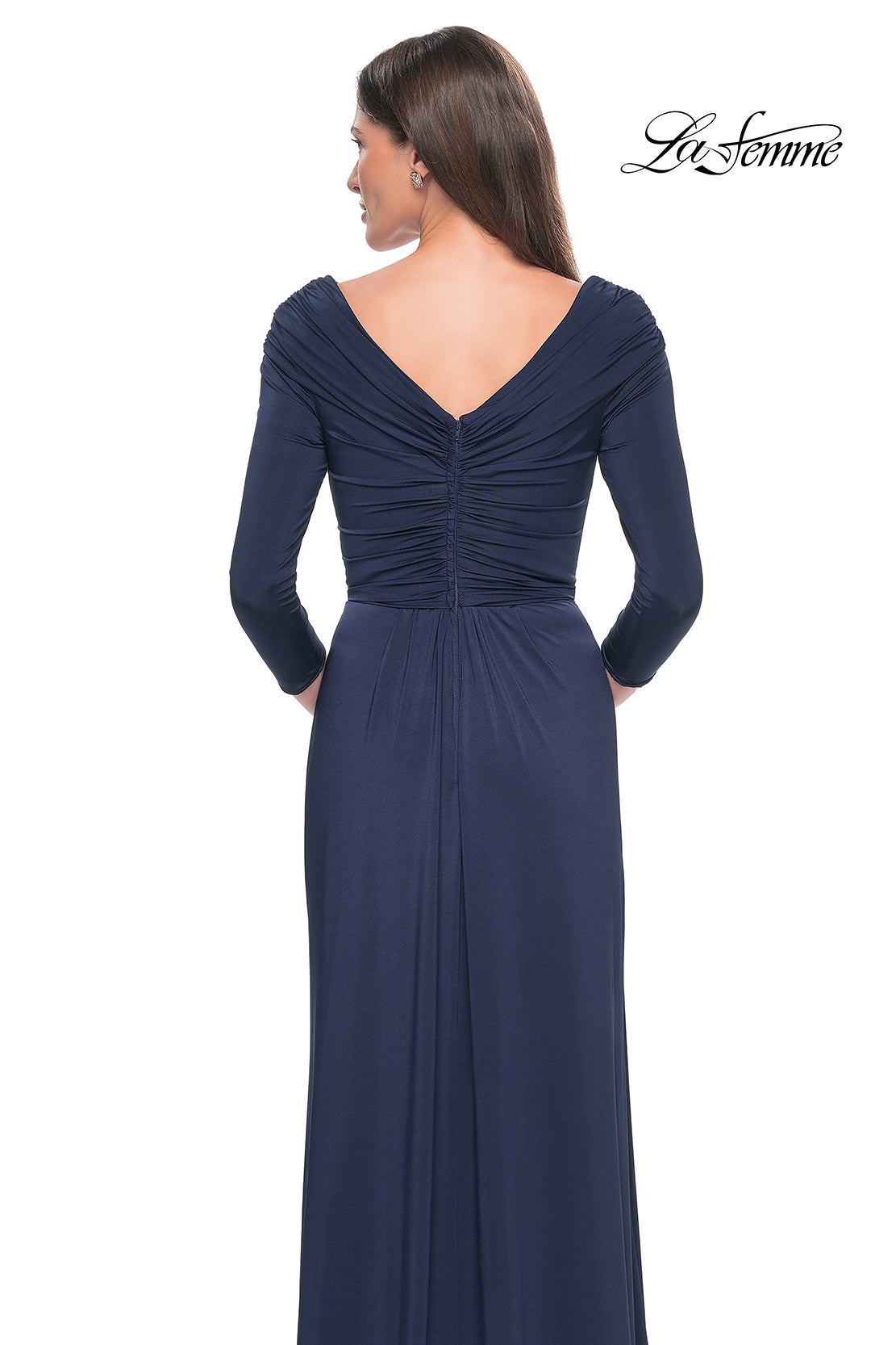 Picture of: Ruched Long Dress with Ruffle Skirt Detail and Sleeves in Navy, Style: 30845, Detail Picture 10