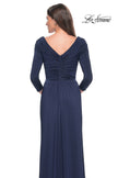 Picture of: Ruched Long Dress with Ruffle Skirt Detail and Sleeves in Navy, Style: 30845, Detail Picture 10