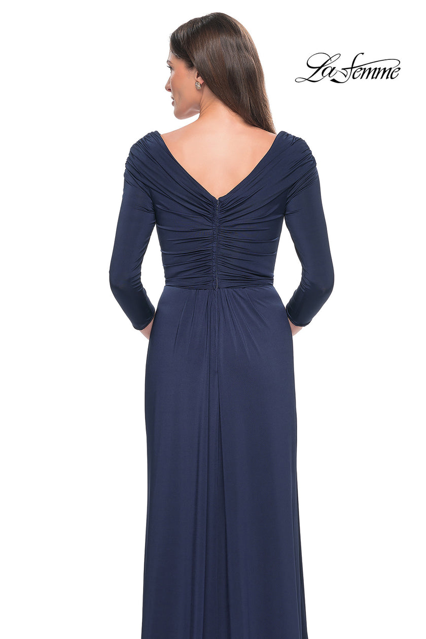 Picture of: Ruched Long Dress with Ruffle Skirt Detail and Sleeves in Navy, Style: 30845, Detail Picture 10