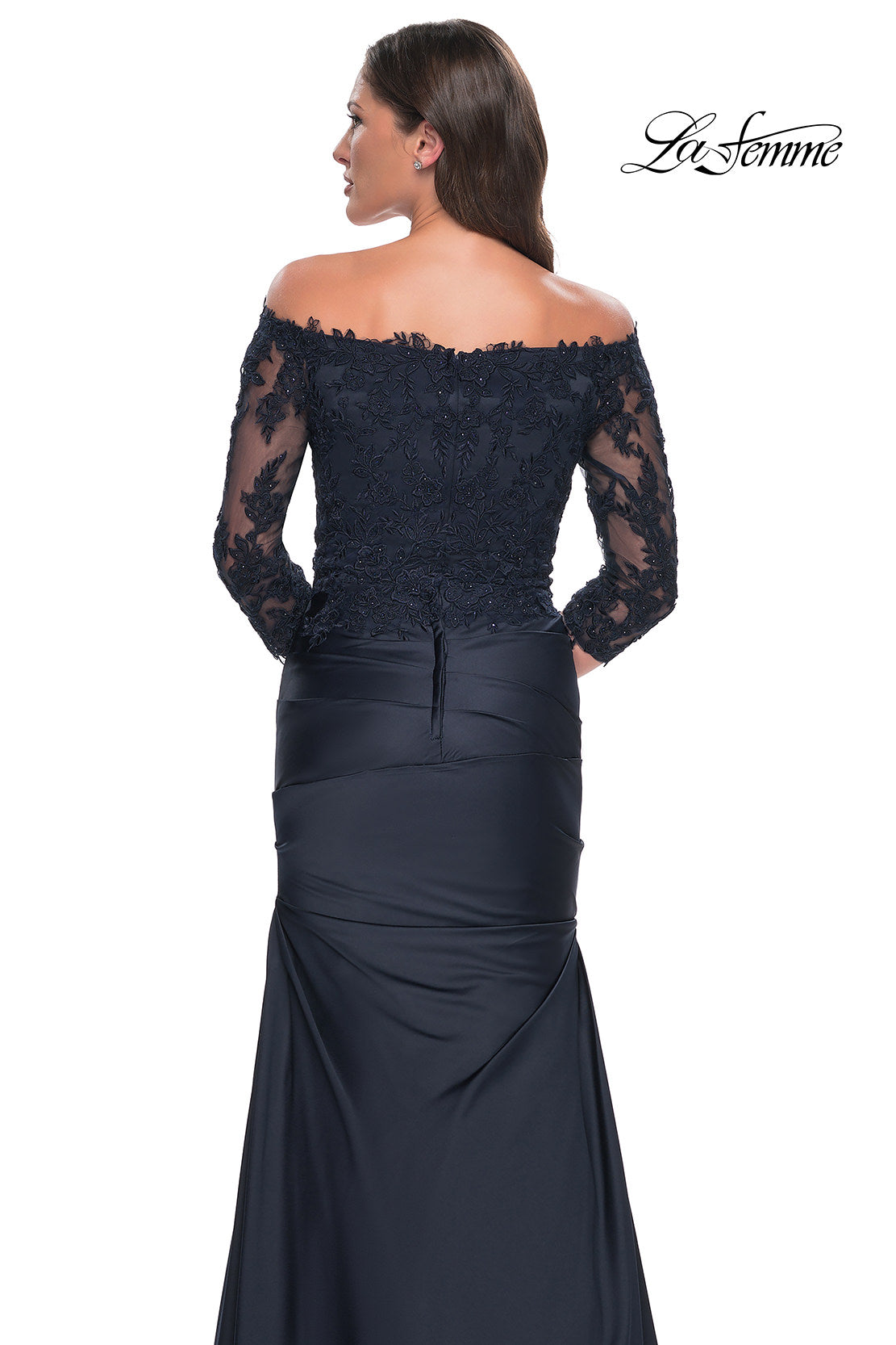 Picture of: Mermaid Satin Dress with Gathering and Off the Shoulder Top in Navy, Style: 30853, Detail Picture 10