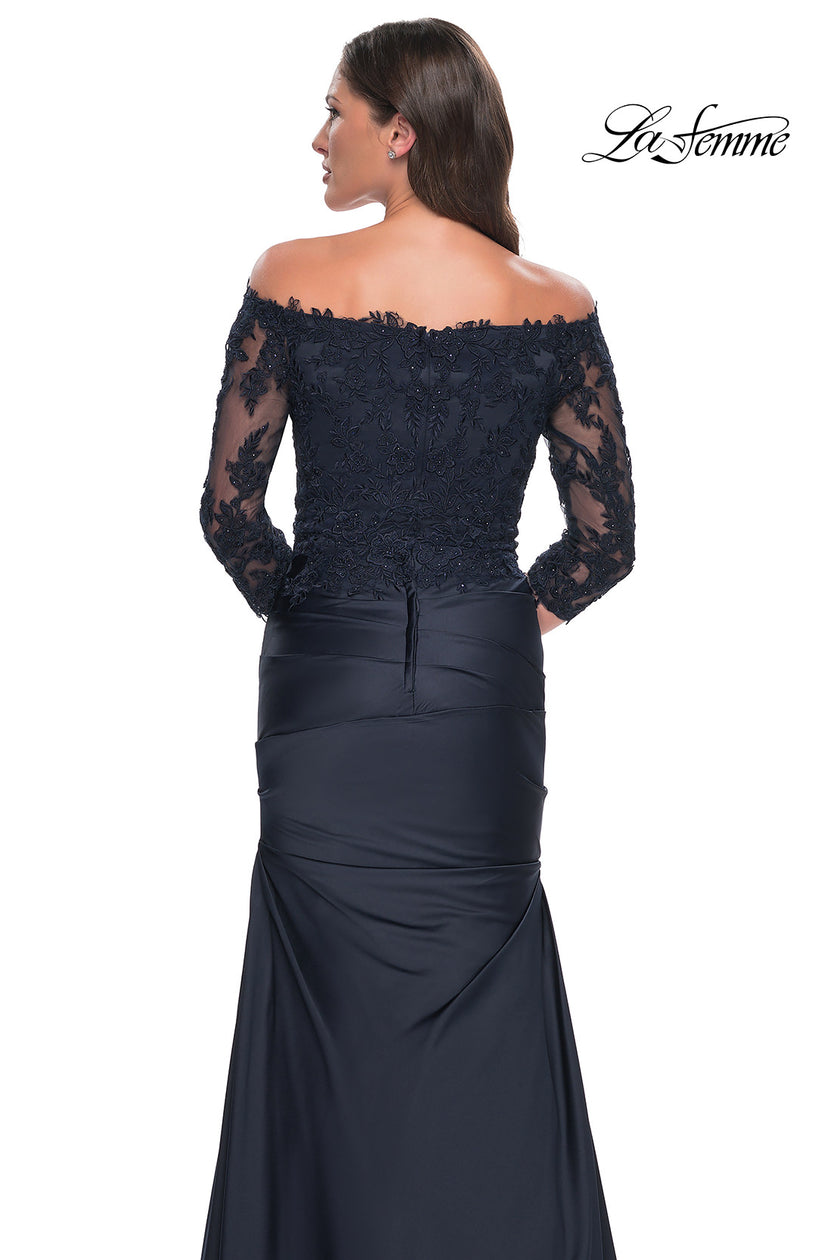 Picture of: Mermaid Satin Dress with Gathering and Off the Shoulder Top in Navy, Style: 30853, Detail Picture 10