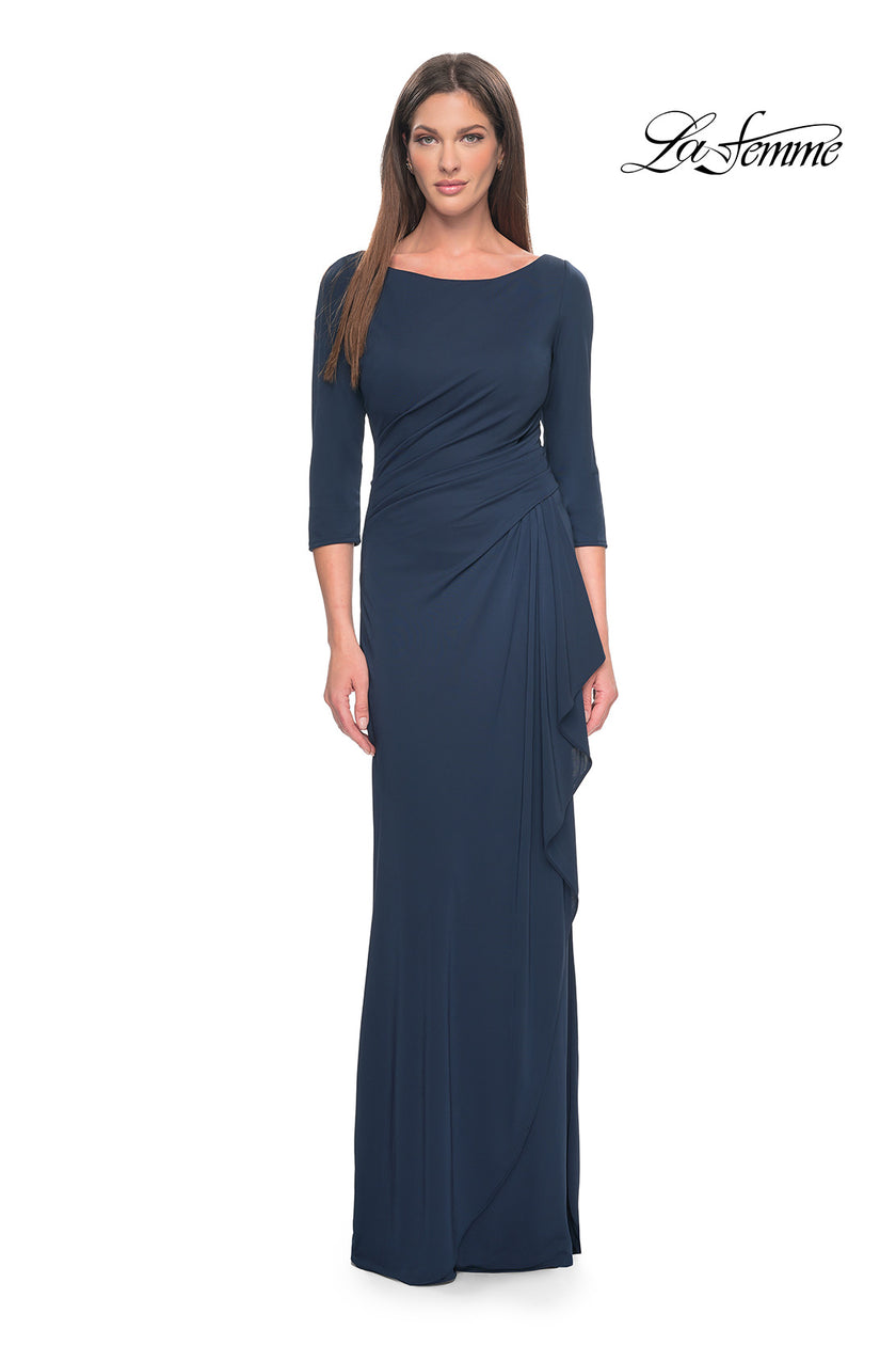 Picture of: Chic Long Evening Gown with High Neck and Ruffle Detail in Navy, Style: 31705, Detail Picture 10