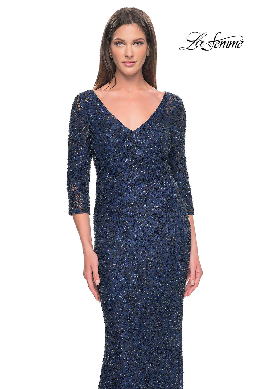 Picture of: Fitted Beaded Lace Evening Gown with Ruching in Navy, Style: 31721, Detail Picture 10
