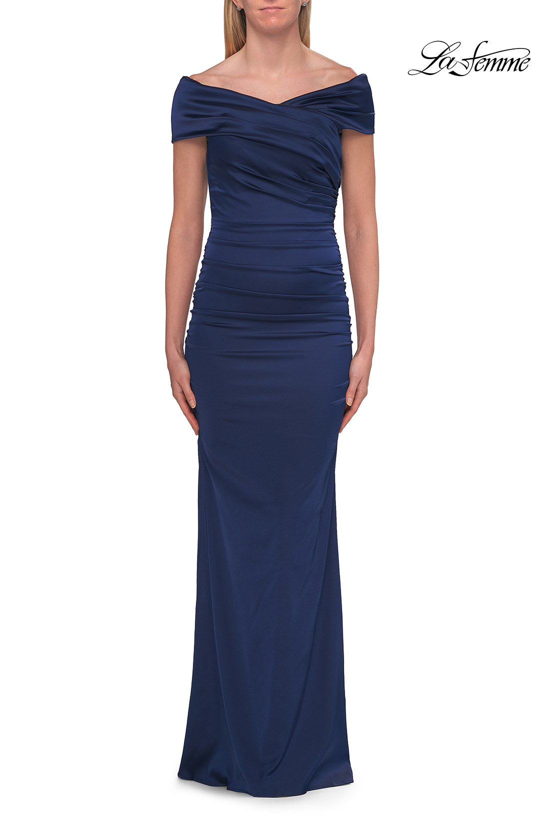 Picture of: Off-the-Shoulder Ruched Satin Evening Gown in Navy, Style: 33620, Detail Picture 11