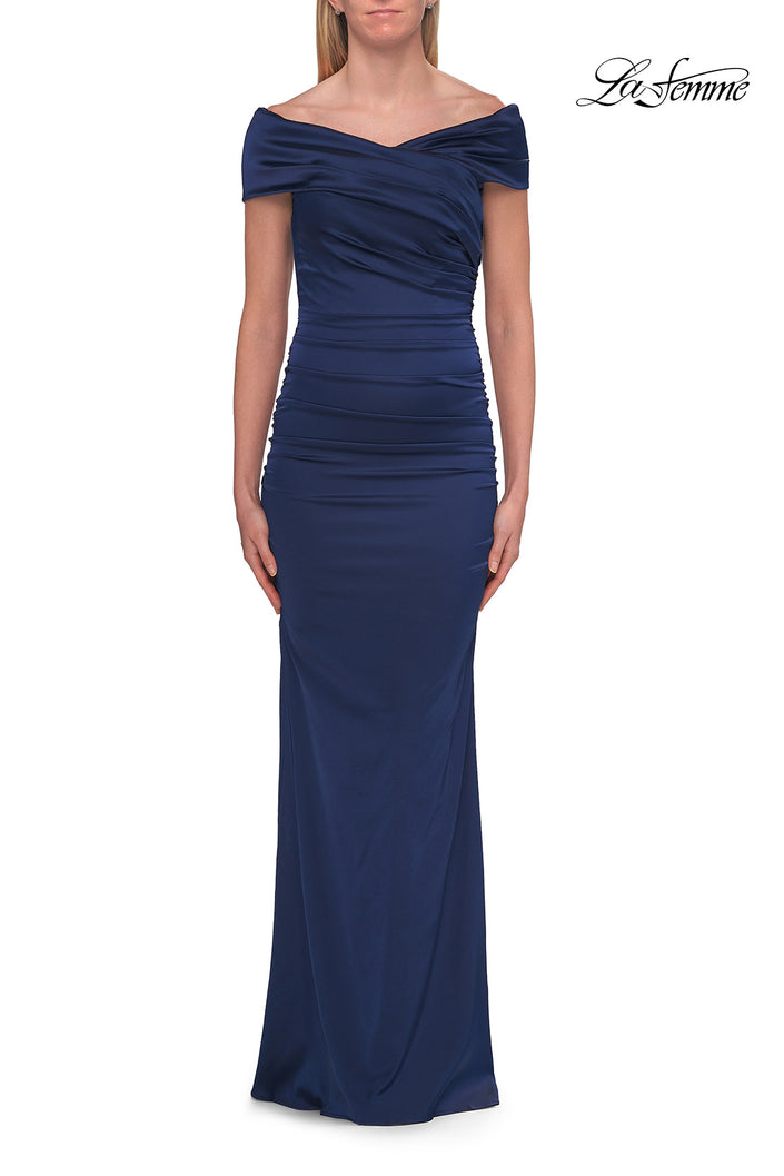 Picture of: Off-the-Shoulder Ruched Satin Evening Gown in Navy, Style: 33620, Detail Picture 11