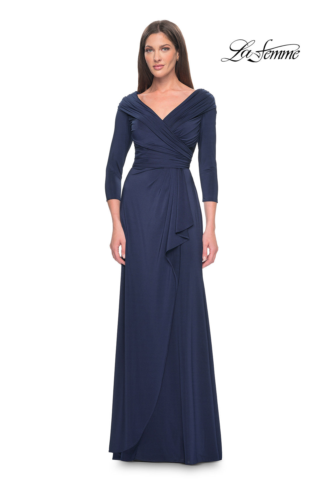 Picture of: Ruched Long Dress with Ruffle Skirt Detail and Sleeves in Navy, Style: 30845, Detail Picture 12
