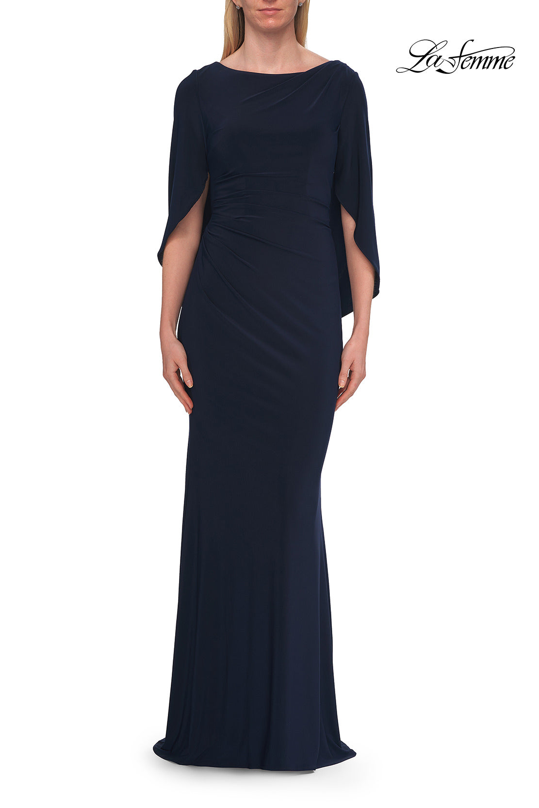 Picture of: Draped Cape Sleeve Jersey Gown with Ruched Bodice in Navy, Style: 33148, Detail Picture 12