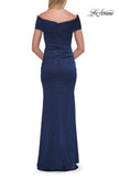 Picture of: Off-the-Shoulder Ruched Satin Evening Gown in Navy, Style: 33620, Detail Picture 12