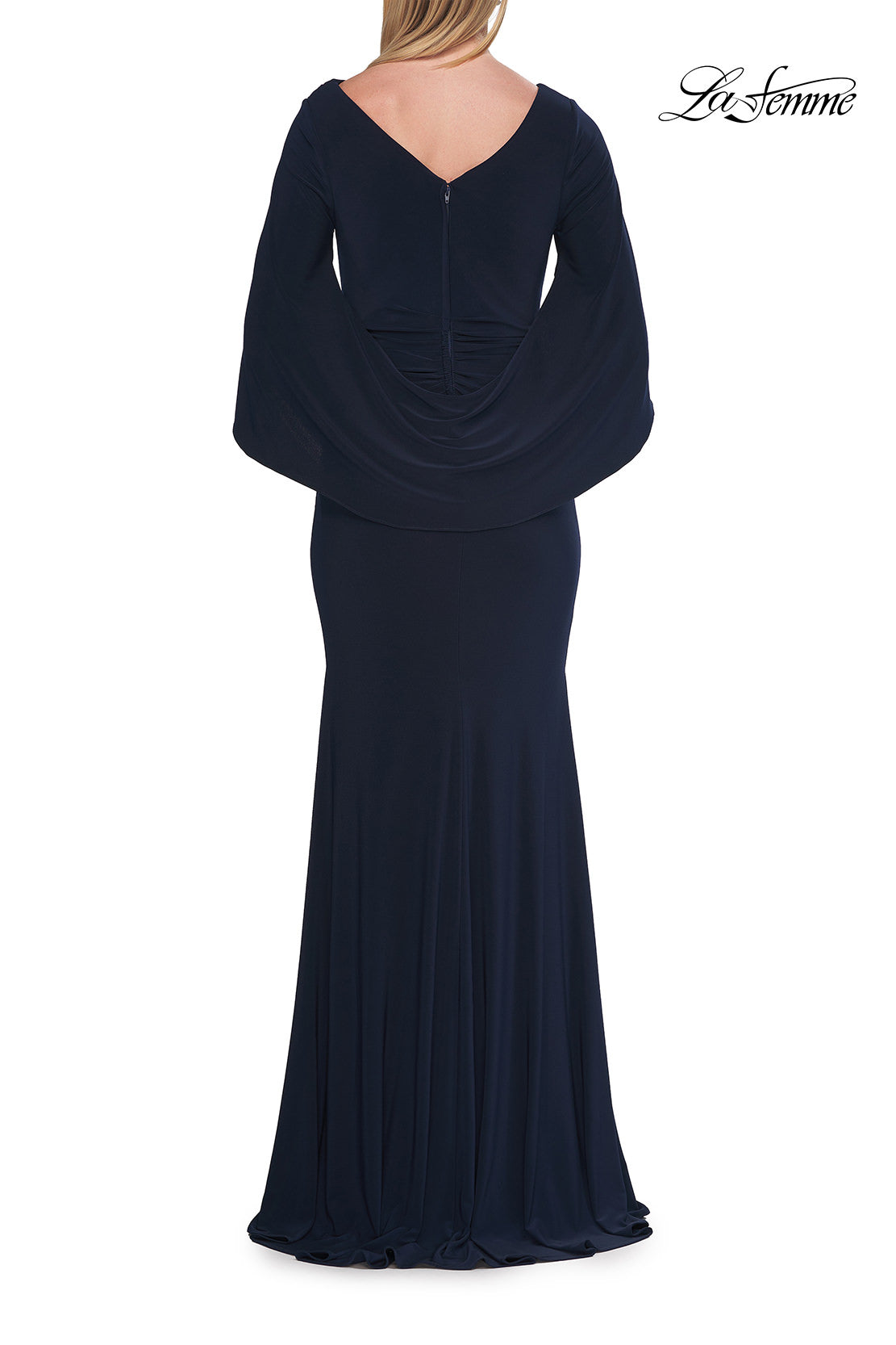 Picture of: Draped Cape Sleeve Jersey Gown with Ruched Bodice in Navy, Style: 33148, Detail Picture 13