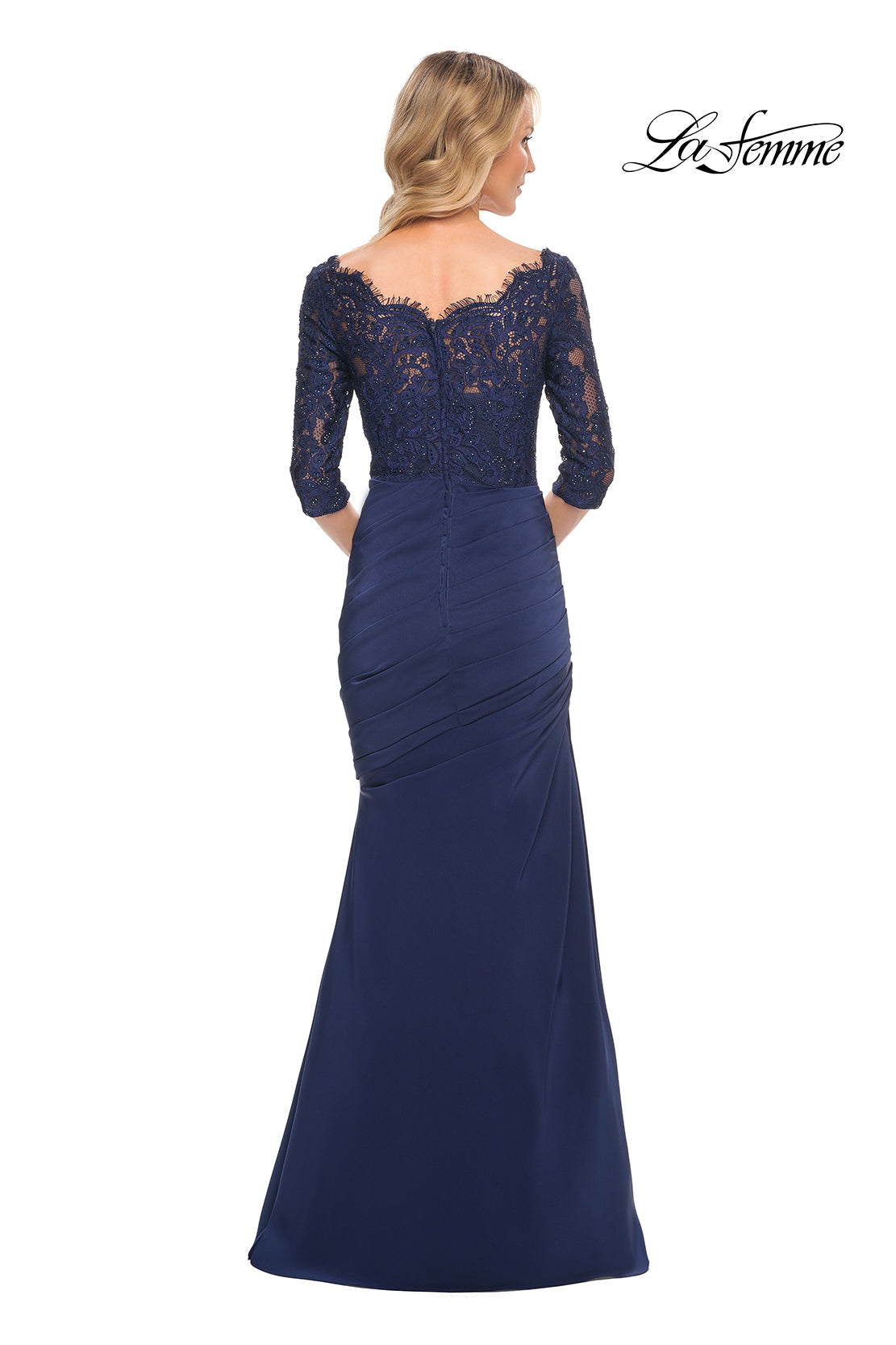 Picture of: Gathered Mermaid Satin Gown with Lace Top in Navy, Style: 24926, Back Picture