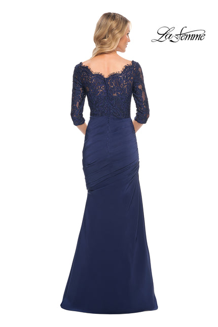 Picture of: Gathered Mermaid Satin Gown with Lace Top in Navy, Style: 24926, Back Picture