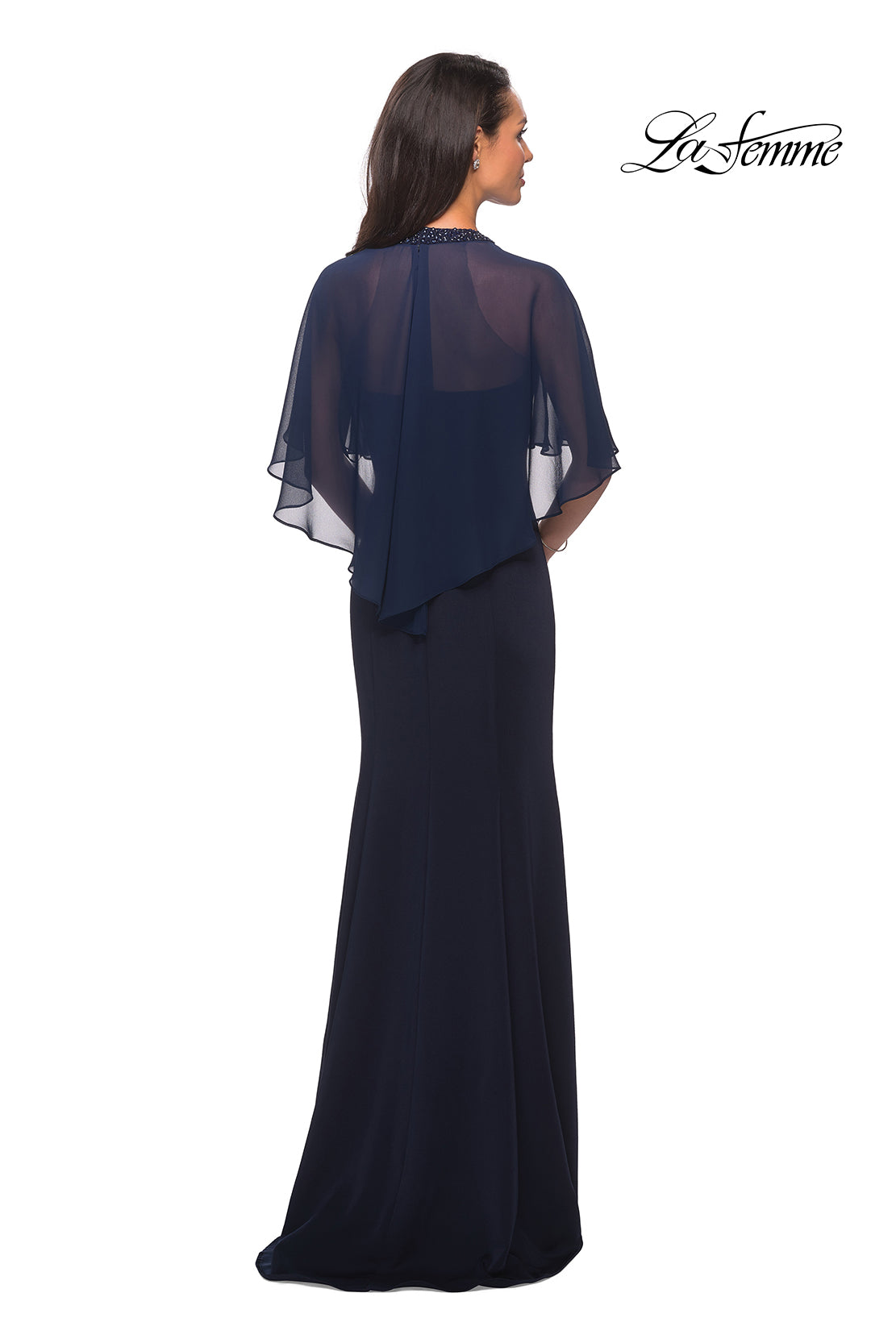 Picture of: Long Gown with sheer sleeves and beaded neckline in Navy, Style: 25006, Back Picture