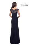 Picture of: Long Jersey Gown with Embellished Neckline in Navy, Style: 25399, Back Picture