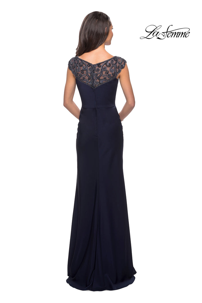 Picture of: Long Jersey Gown with Embellished Neckline in Navy, Style: 25399, Back Picture