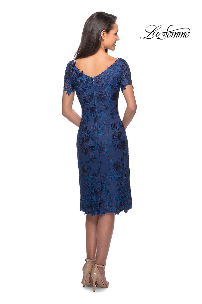 Picture of: Short Sleeve Knee Length Lace Dress with V-Neck in Navy, Style: 25522, Back Picture