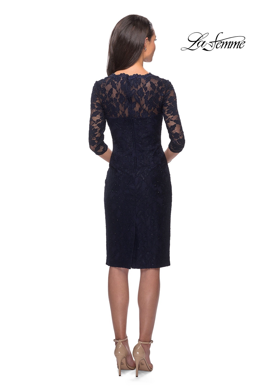 Picture of: Knee Length Lace Dress with Rhinestone Detailing in Navy, Style: 25527, Back Picture