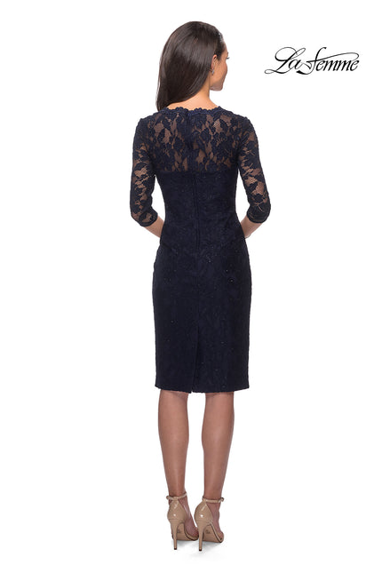 Picture of: Knee Length Lace Dress with Rhinestone Detailing in Navy, Style: 25527, Back Picture