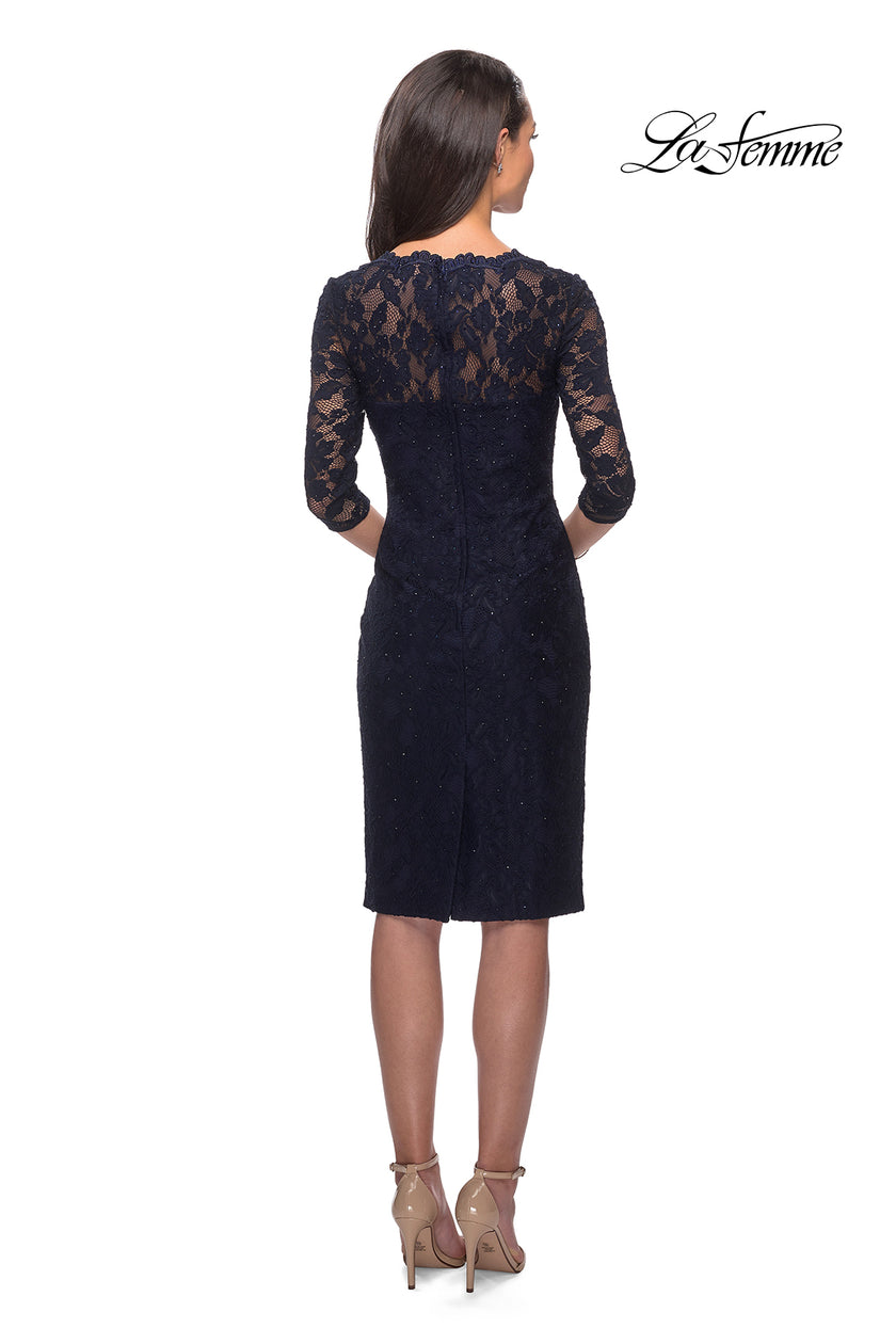 Picture of: Knee Length Lace Dress with Rhinestone Detailing in Navy, Style: 25527, Back Picture