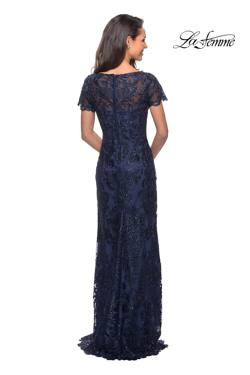 Picture of: Long Lace Dress with Rhinestones and Short Sleeves in Navy, Style: 26405, Back Picture