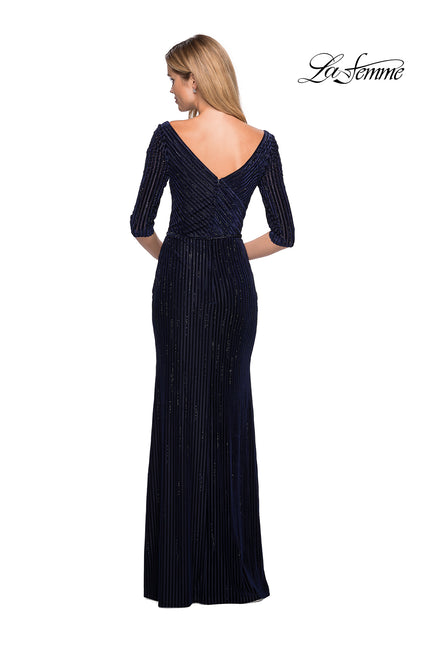 Picture of: Long Velvet Beaded Dress with Three Quarter Sleeves in Navy, Style: 26456, Back Picture