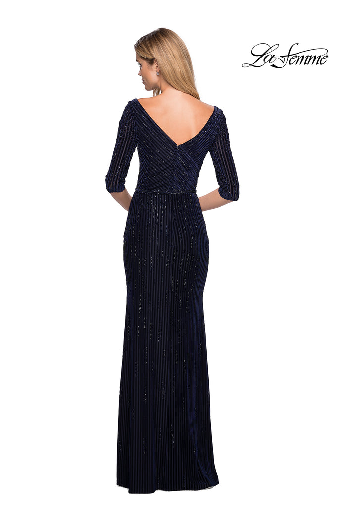 Picture of: Long Velvet Beaded Dress with Three Quarter Sleeves in Navy, Style: 26456, Back Picture
