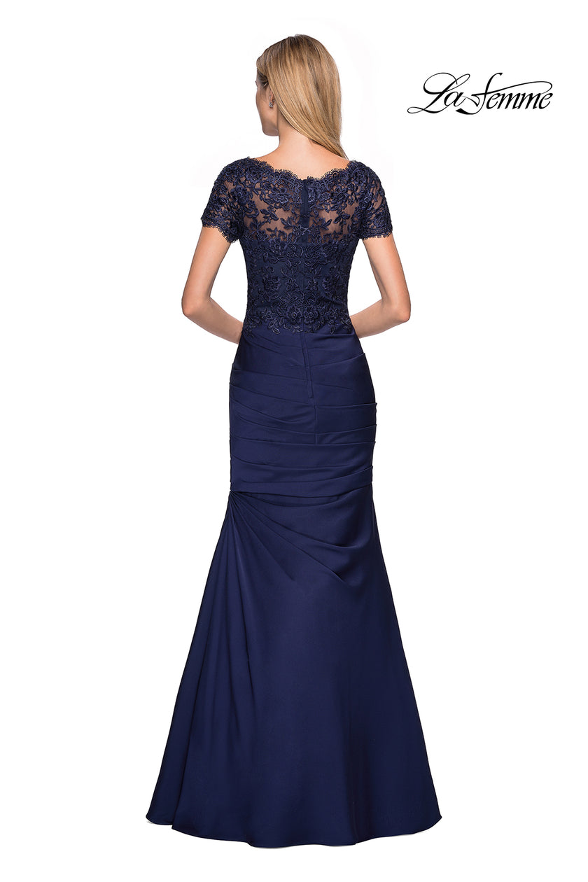 Picture of: Floor Length Satin Dress with Lace Rhinestoned Bodice in Navy, Style: 26979, Back Picture