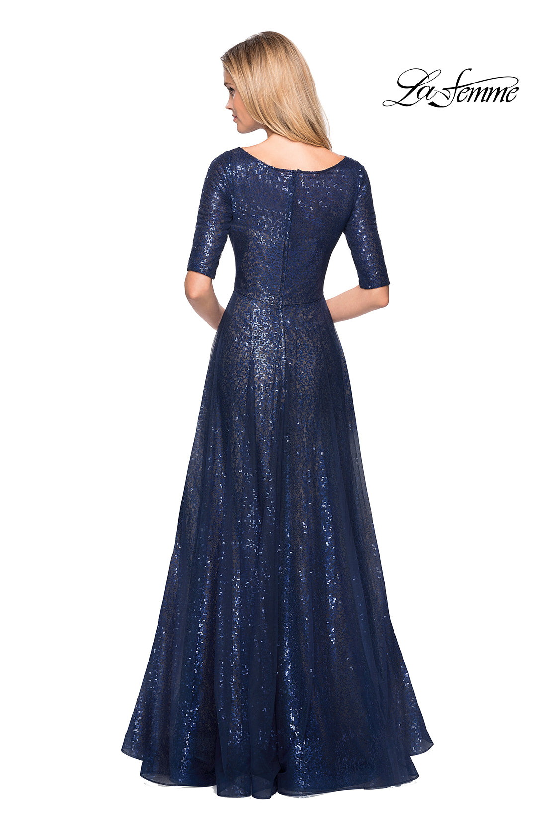 Picture of: Fully Sequined Floor Length Gown with Pockets in Navy, Style: 27016, Back Picture