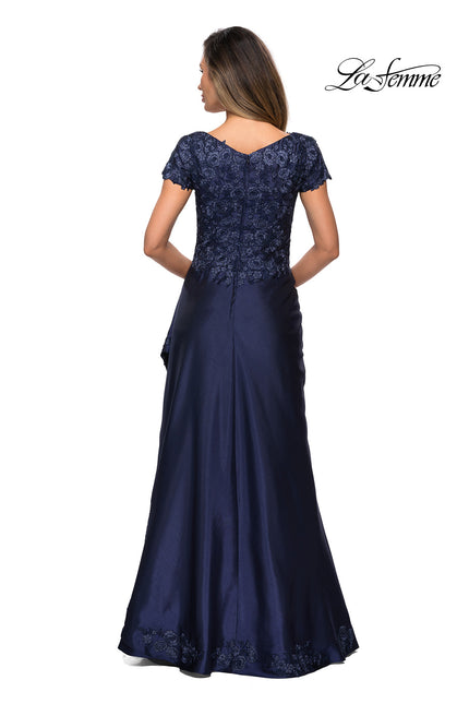 Picture of: V-neck Jersey Floor Length Gown with Short Sleeves in Navy, Style: 27033, Back Picture