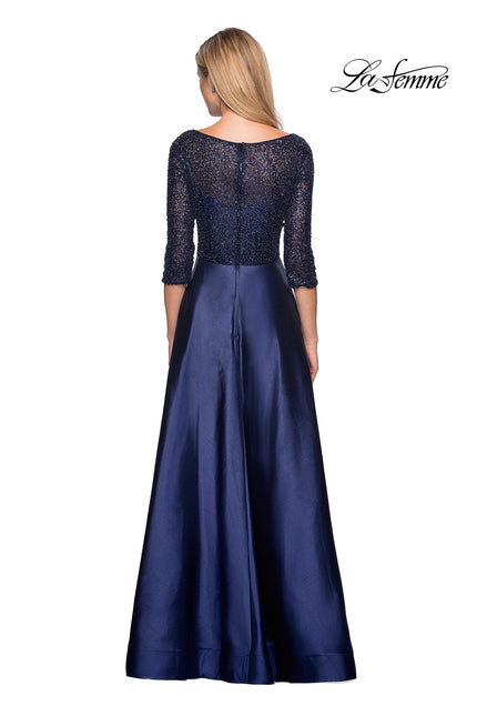 Picture of: Long Mikado Gown with Beaded Top and Pockets in Navy, Style: 27077, Back Picture
