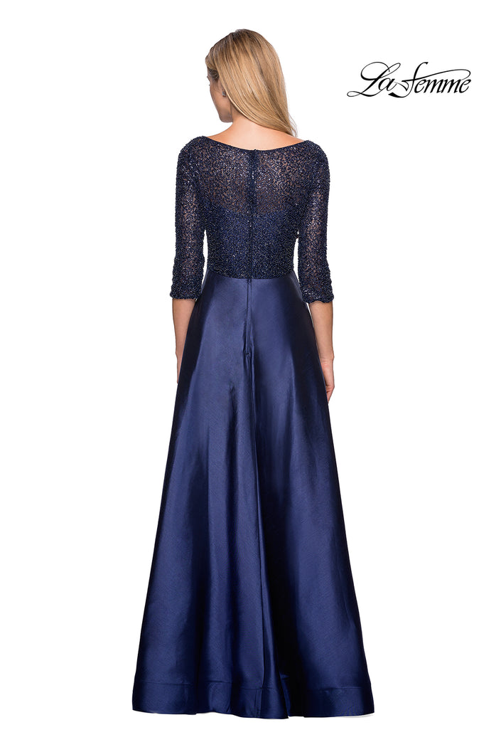 Picture of: Long Mikado Gown with Beaded Top and Pockets in Navy, Style: 27077, Back Picture