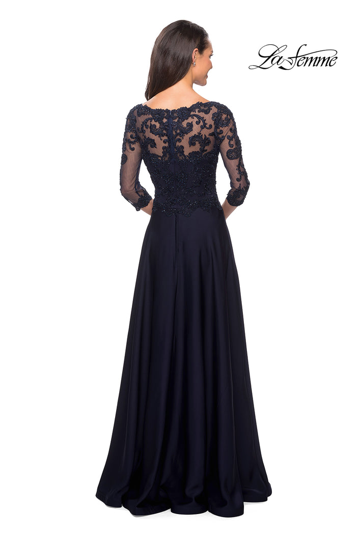 Picture of: Floor Length Satin Dress with Lace Detail and Pockets in Navy, Style: 27235, Back Picture