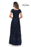 Picture of: Sequin Lace A-line Gown with Sheer Short Sleeves in Navy, Style: 27837, Back Picture