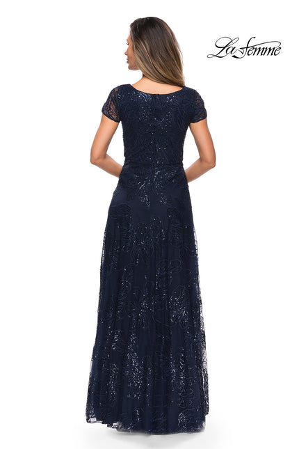 Picture of: Sequin Lace A-line Gown with Sheer Short Sleeves in Navy, Style: 27837, Back Picture