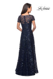 Picture of: Short Sleeve Long Sequin Dress with Sheer Neckline in Navy, Style: 27839, Back Picture