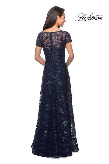Picture of: Short Sleeve Long Sequin Dress with Sheer Neckline in Navy, Style: 27839, Back Picture