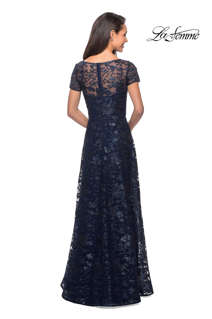 Picture of: Short Sleeve Long Sequin Dress with Sheer Neckline in Navy, Style: 27839, Back Picture
