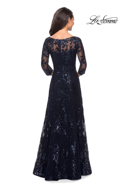 Picture of: Long Lace Dress with Sequins and Sheer 3/4 Sleeves in Navy, Style: 27885, Back Picture