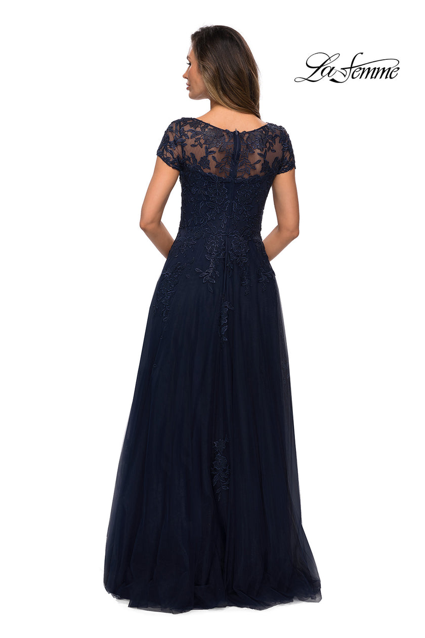Picture of: Beaded Lace Rhinestone A-line Evening Gown in Navy, Style: 27920, Back Picture