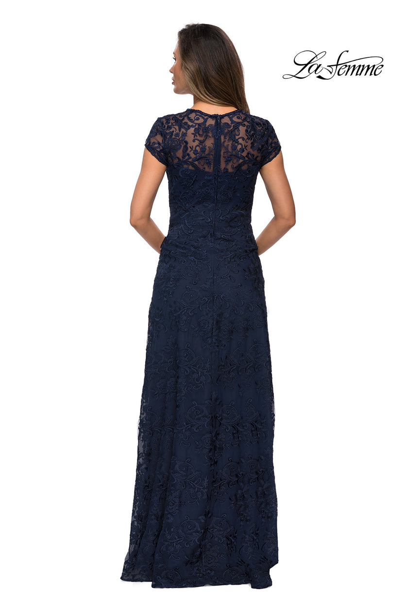 Picture of: Cap Sleeve Floral Gown with Sweetheart Neckline in Navy, Style: 27951, Back Picture