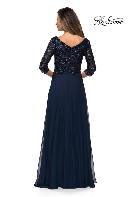 Picture of: Long Chiffon Evening Gown with Sequined Bodice in Navy, Style: 27998, Back Picture