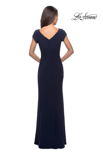 Picture of: Floor Length Jersey Evening Gown with Cap Sleeves in Navy, Style: 28026, Back Picture