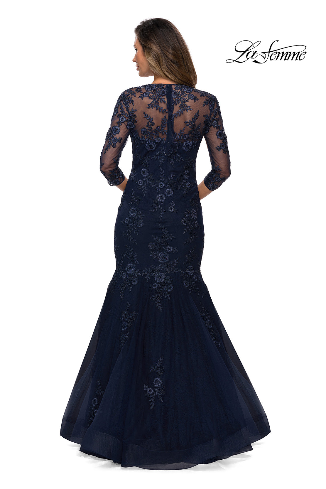 Picture of: Long Lace Mermaid Gown with Square Neckline in Navy, Style: 28033, Back Picture