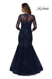Picture of: Long Lace Mermaid Gown with Square Neckline in Navy, Style: 28033, Back Picture