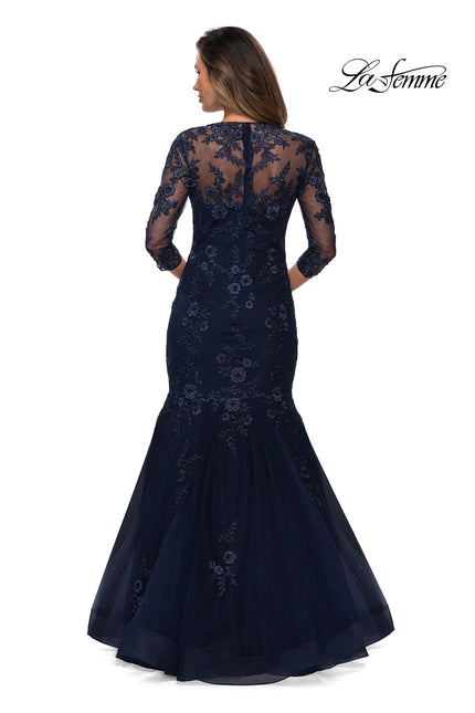 Picture of: Long Lace Mermaid Gown with Square Neckline in Navy, Style: 28033, Back Picture