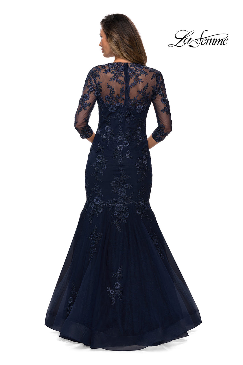 Picture of: Long Lace Mermaid Gown with Square Neckline in Navy, Style: 28033, Back Picture